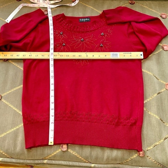 Vintage Sweater Beaded Red Cotton Tiny Sequins & Silver Balls (M) - Picture 7 of 8